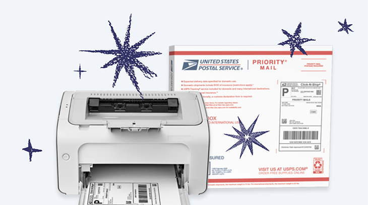 A printer with a Click-N-Ship label in its drawer beside a Priority Mail box with blue snow around it.