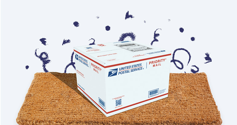 A package on a door mat with festive snow flakes behind it.